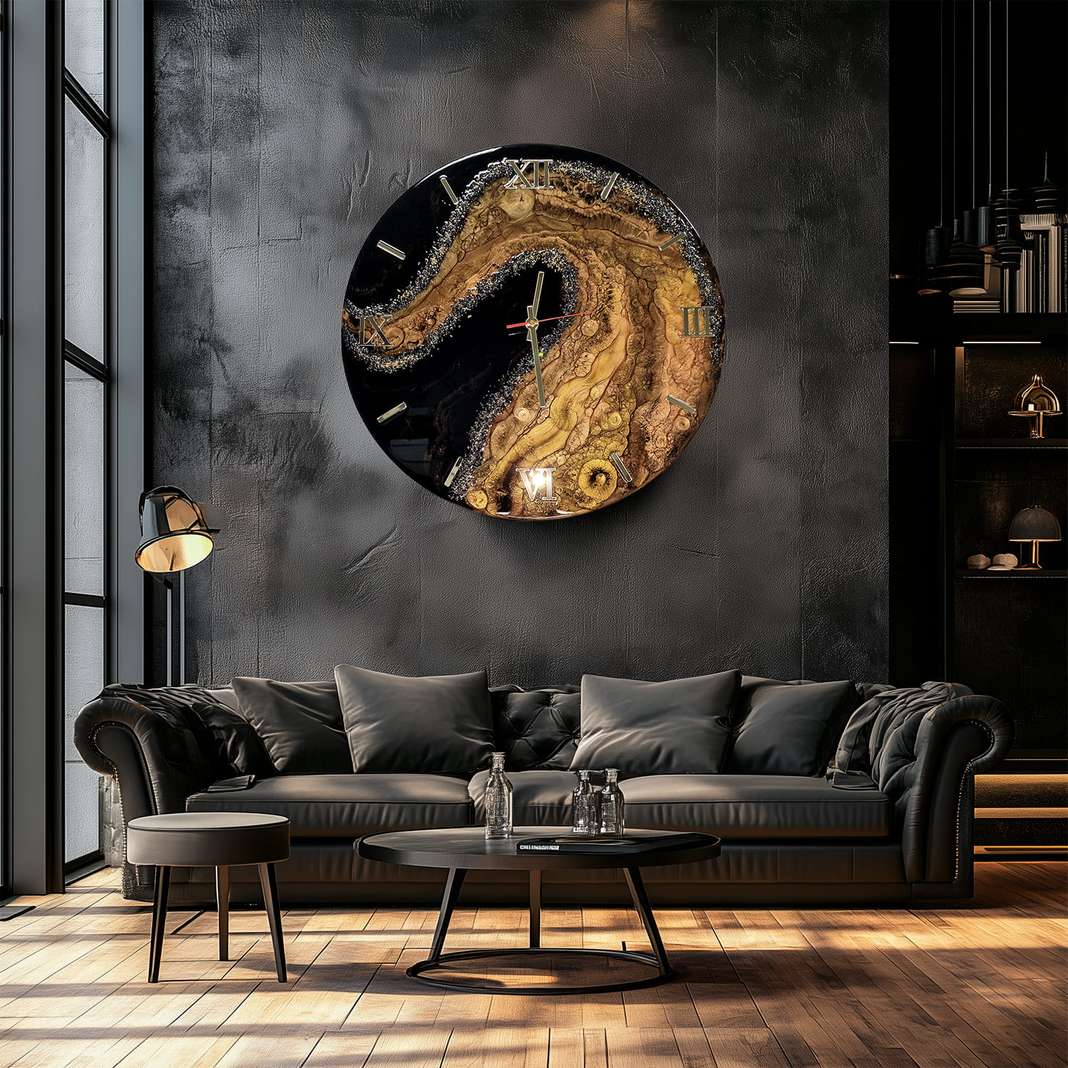 zegar z żywicy czarny brąz projekt wnętrza