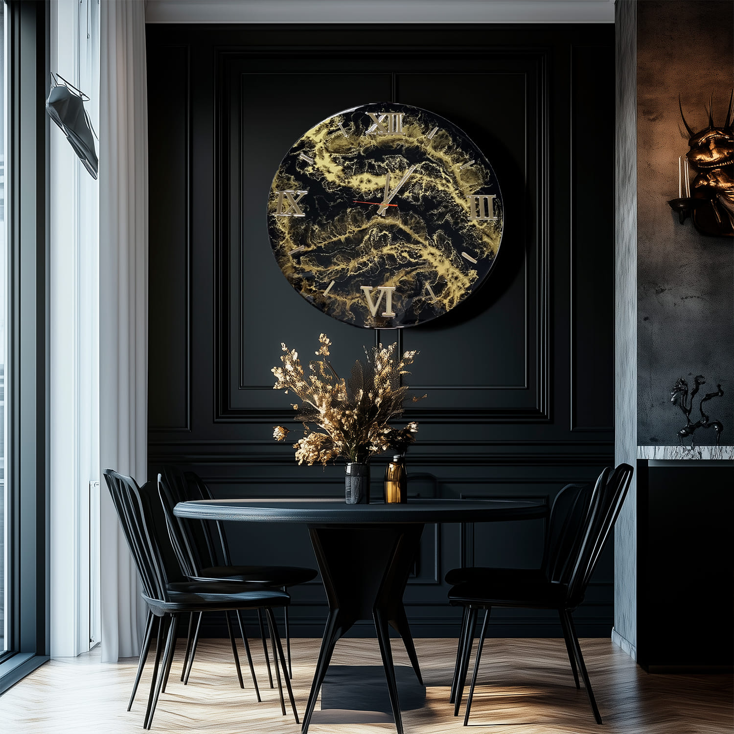 zegar z żywicy czarno złoty