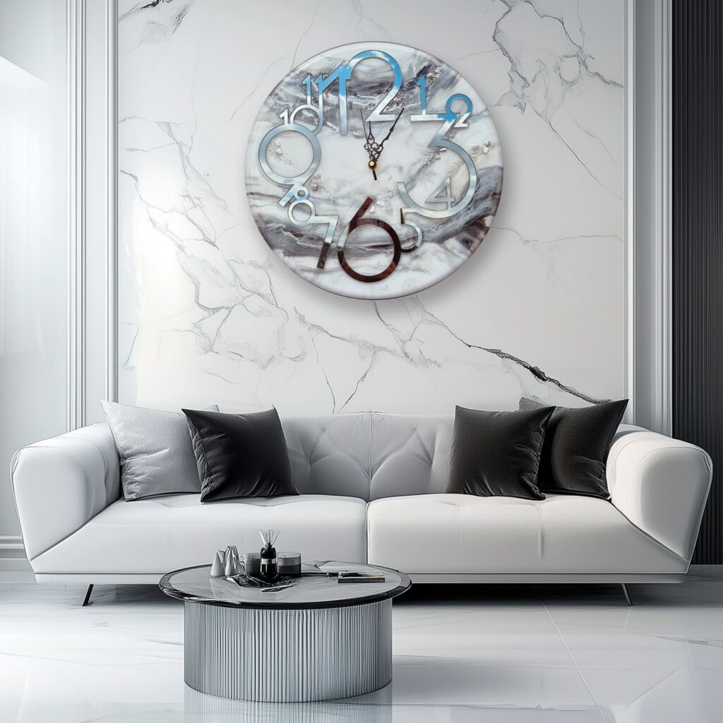 zegar z żywicy szary biały marmur projekt wnętrza