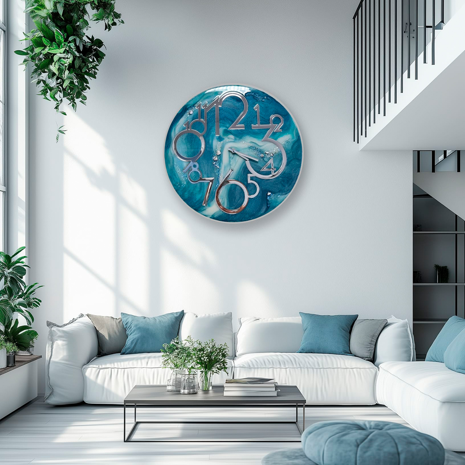 zegar z żywicą niebieski srebro da resin art