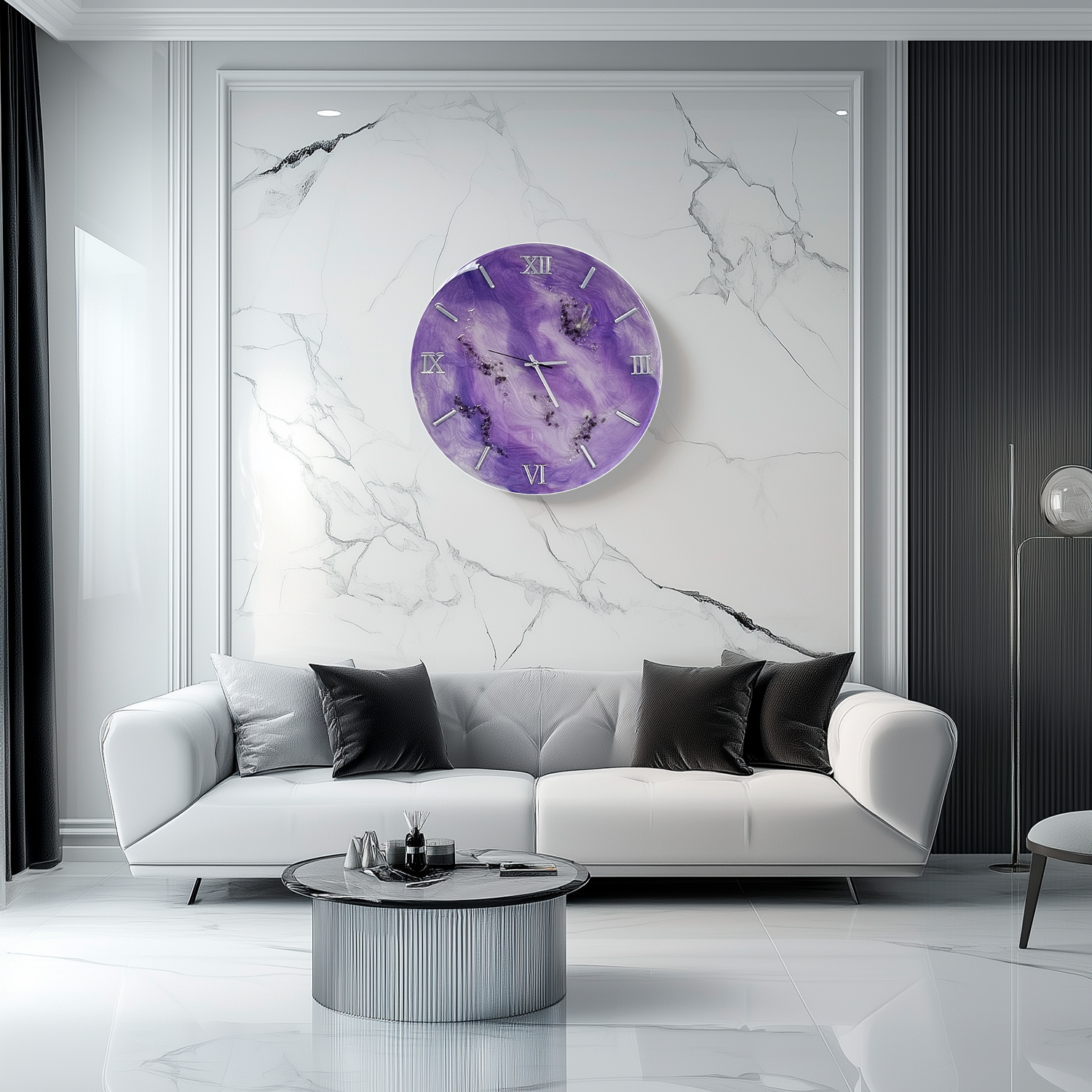 zegar z żywicą lawendowy fioletowy srebro da resin art