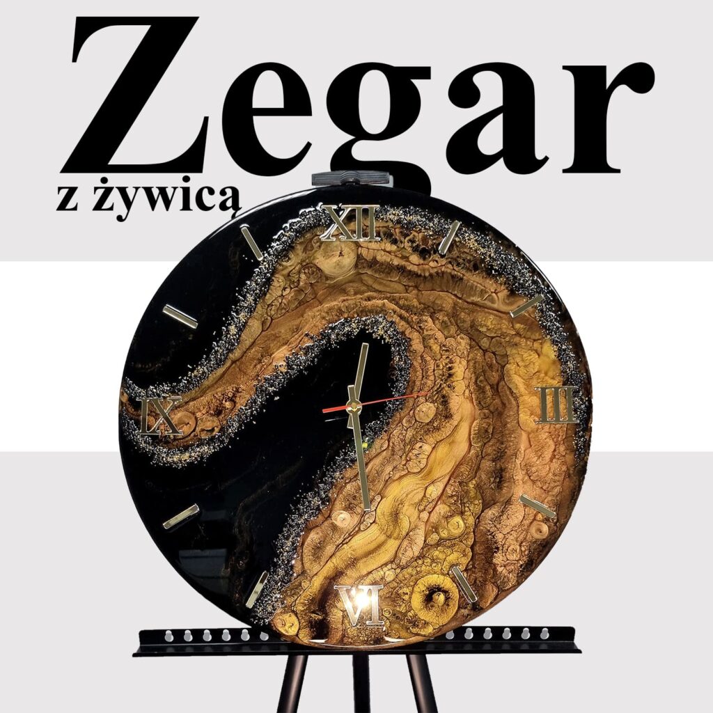 zegar z żywicą czarny brązowy imitacja drzewa