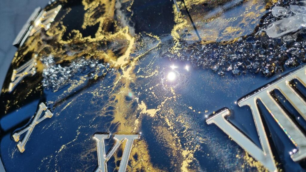 Zegar z żywicy da resin art czarno złoty marmur 50 cm