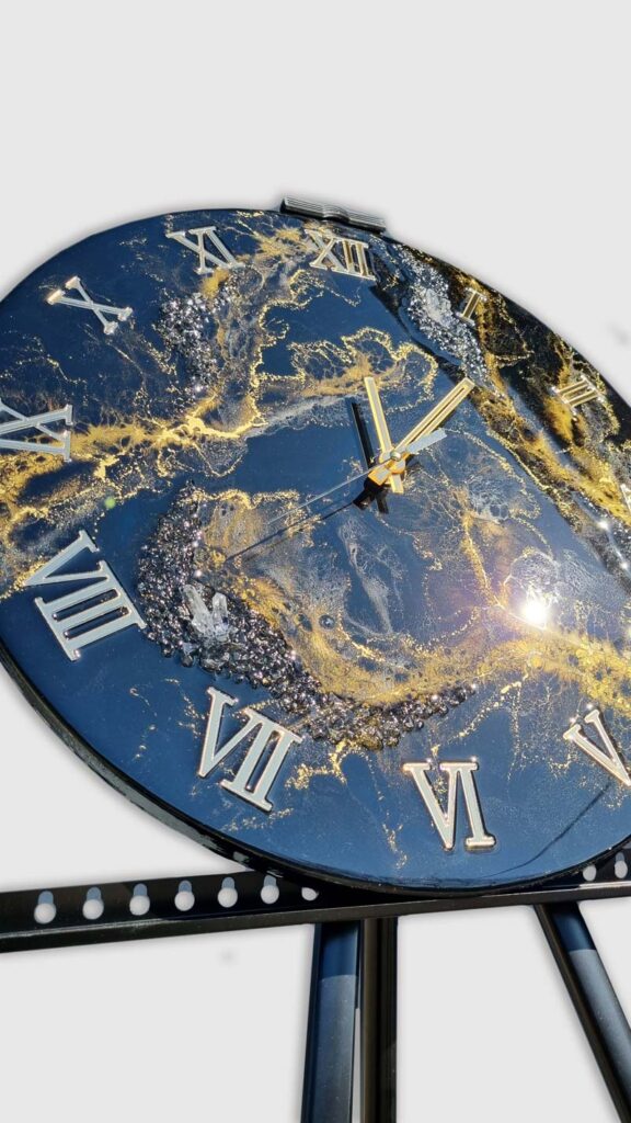 Zegar z żywicy da resin art czarno złoty marmur 50 cm