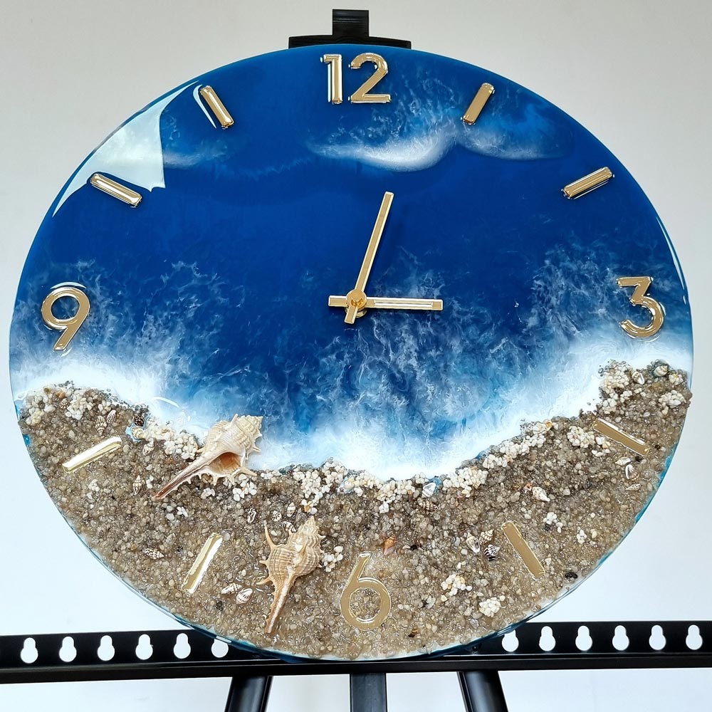 Zegar ścienny Błękitne Morze z żywicy z efektem fal morskich