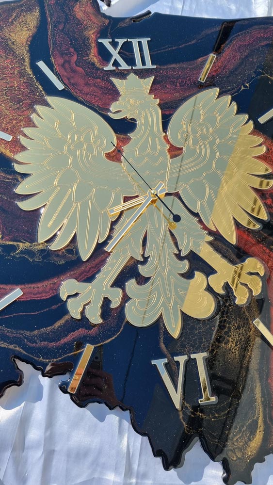 zegar ścienny z żywicy Polska godło czerwony czarny złoto