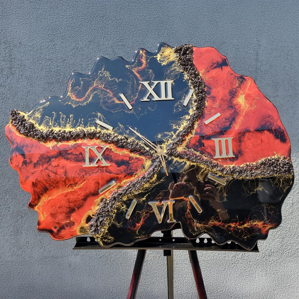 zegar ścienny z żywicy czerwono czarny geoda