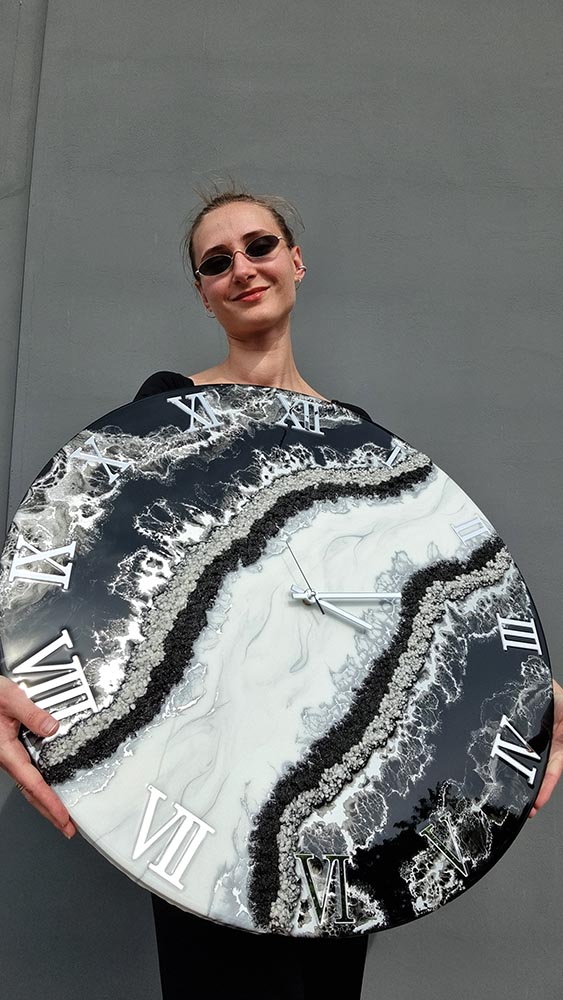 Zegar ścienny Jin-Jang czarny srebrny biały marmur