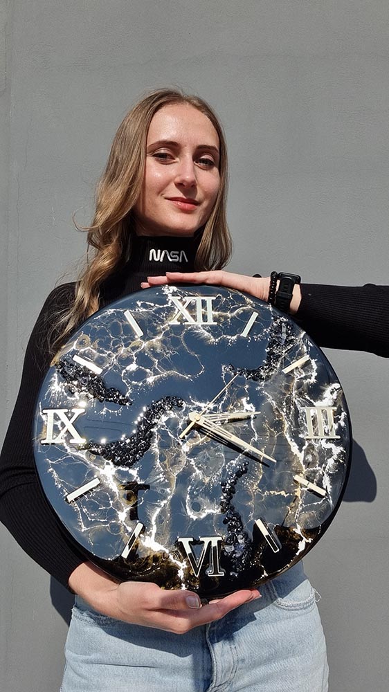 Zegar z żywicy da resin art czarno złoty marmur 40 cm