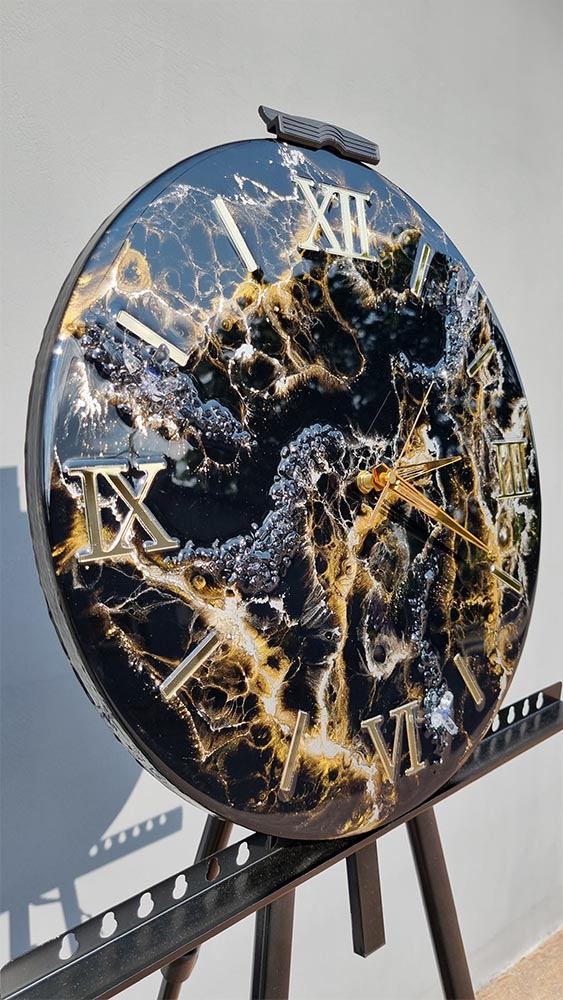 Zegar z żywicy da resin art czarno złoty marmur 40 cm