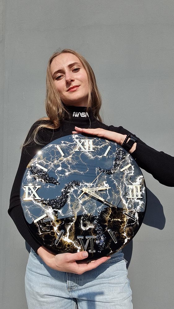 Zegar z żywicy da resin art czarno złoty marmur 40 cm