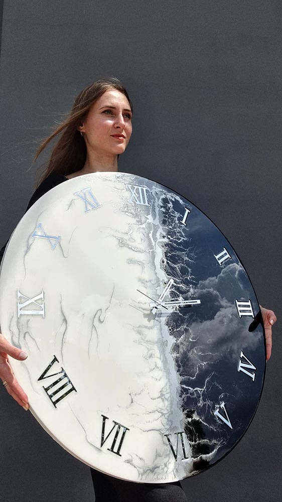 Zegar ścienny Jin-Jang czarny srebrny biały marmur