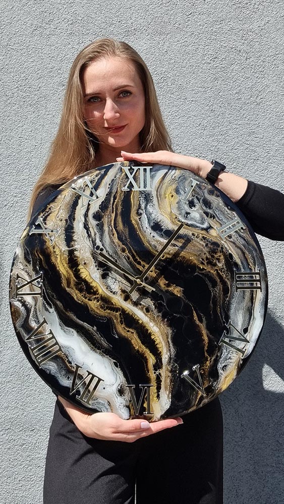Zegar z żywicy da resin art czarno złoto biel 50 cm