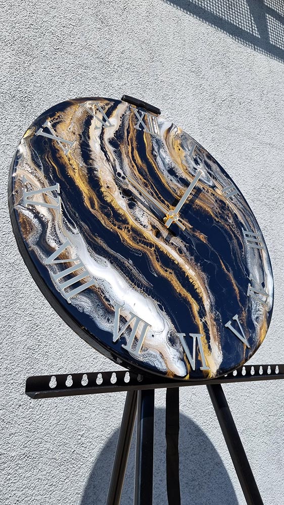Zegar z żywicy da resin art czarno złoto biel 50 cm