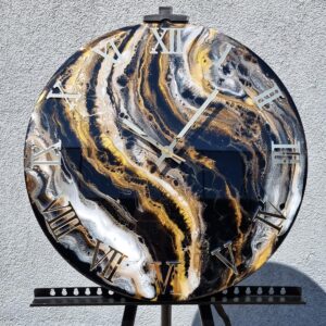 Zegar z żywicy da resin art czarno złoto biel 50 cm