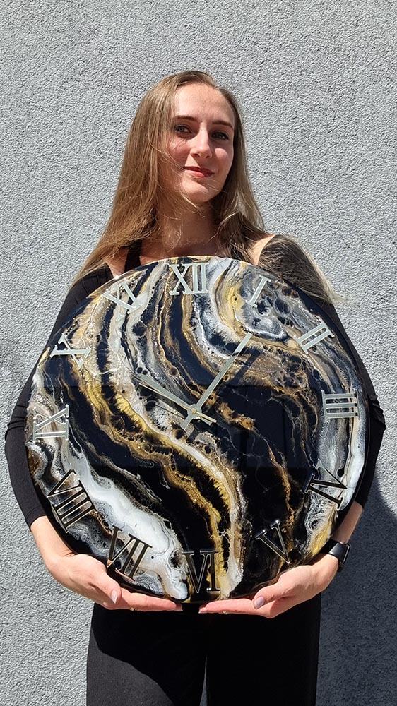 Zegar z żywicy da resin art czarno złoto biel 50 cm