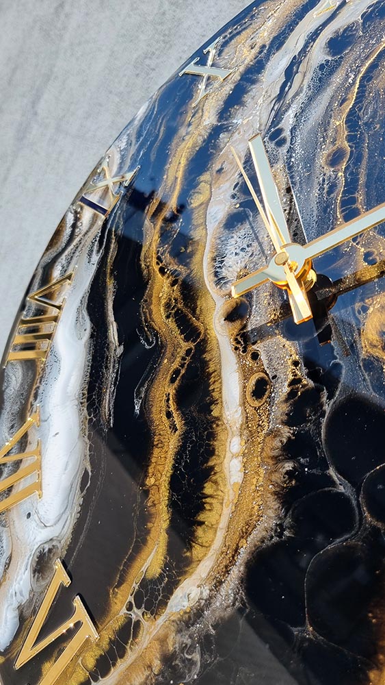 Zegar z żywicy da resin art czarno złoto biel 50 cm