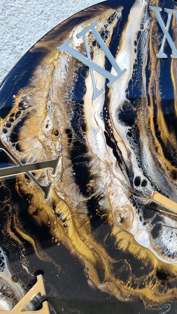 Zegar z żywicy da resin art czarno złoto biel 50 cm