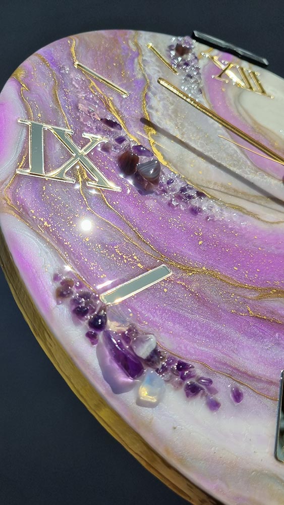 zegar z żywicy Ametyst jasno fioletowy złoto