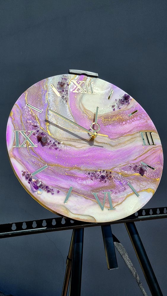 zegar z żywicy Ametyst jasno fioletowy złoto