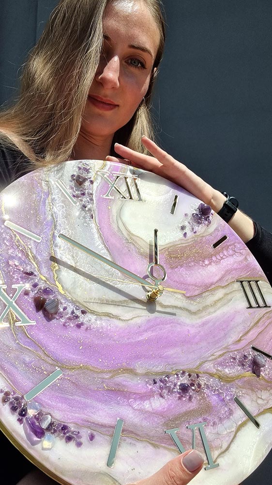 zegar z żywicy Ametyst jasno fioletowy złoto