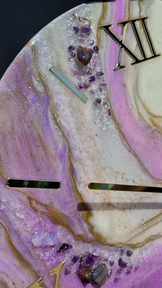 zegar z żywicy Ametyst jasno fioletowy złoto