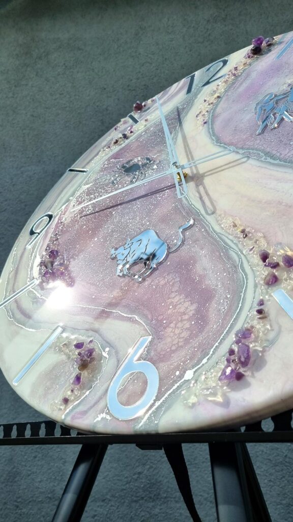 zegar z żywicy Ametyst jasno fioletowy wrzosowy lawenda znaki zodiaku