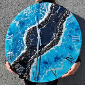 zegar ścienny z żywicy turkus czarny srebro 70 cm