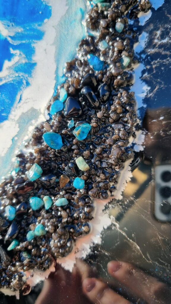 zegar ścienny z żywicy turkus czarny srebro 70 cm