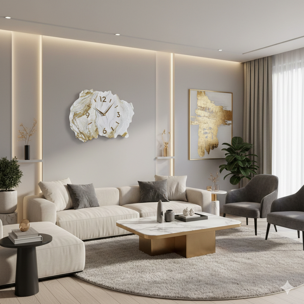 zegar ścienny z żywicy Geoda biało złoty