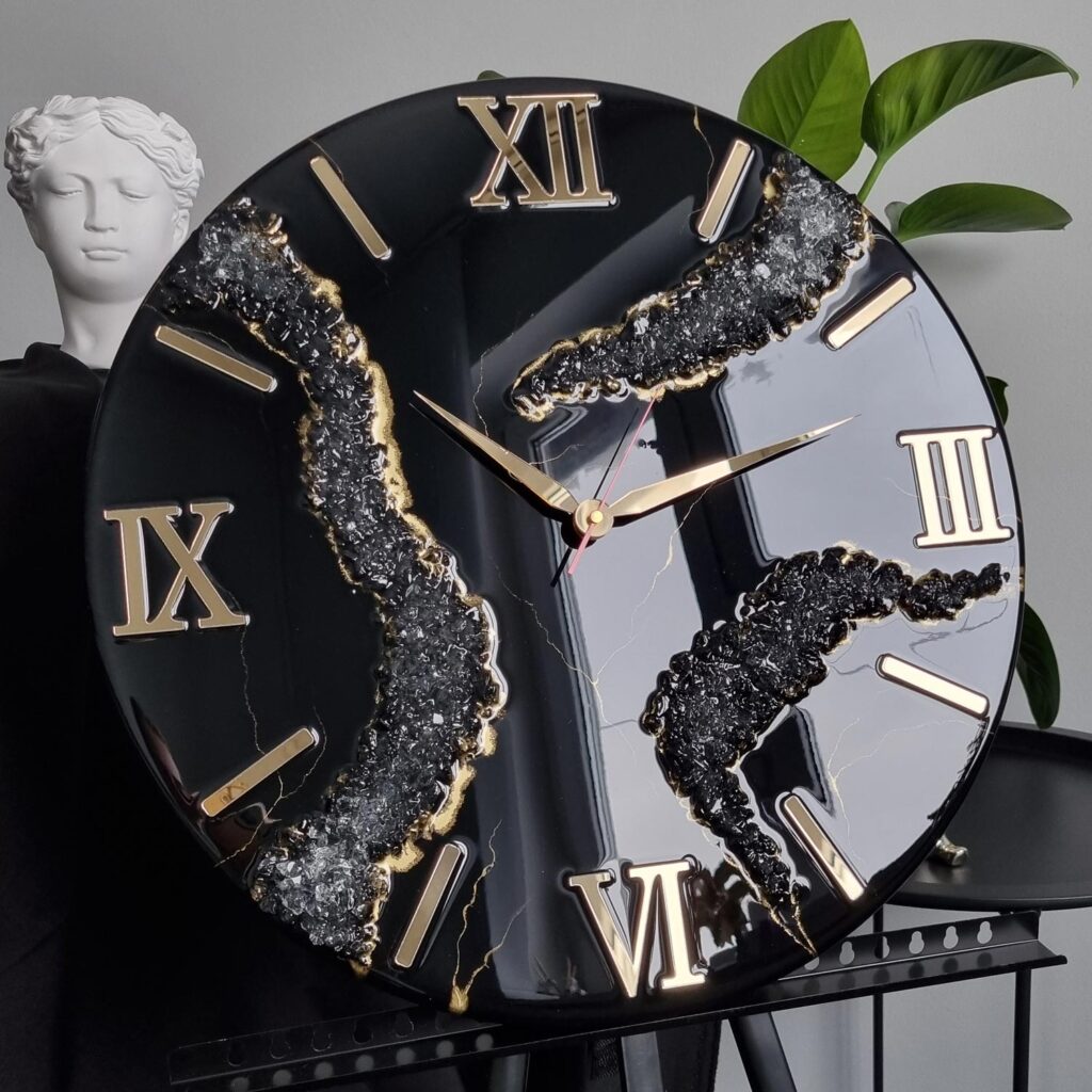 Zegar z żywicy da resin art czarno złoty