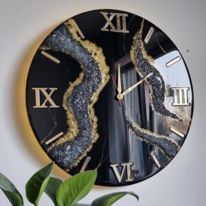 Zegar z żywicy da resin art czarno złoty LED taśma RGB